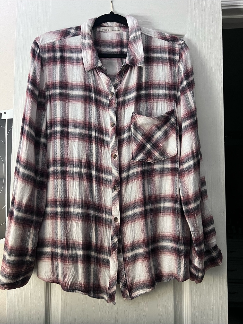 BE COOL White and Burgundy Plaid Button-Front Shirt